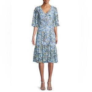 Nanette Lepore Blue Floral Midi Dress V-Neck Ruffled Women's Size 6‎